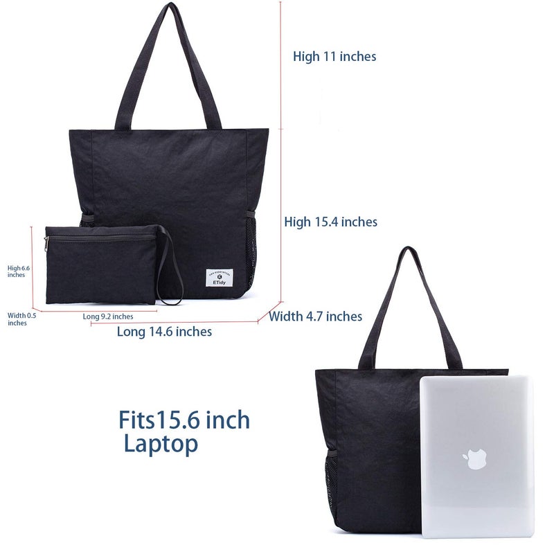 ETidy Large Capacity Foldable Tote Bag With Zipper Water-resistant Sandproof Women Beach Bag Handbag Gym Bag Travel Shopping Bag(Black) - Image 3